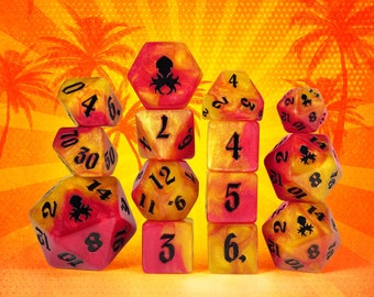 Cherry Pineapple Swirl 14pc Dice Set Inked In Black | Kraken Dice DND Role Playing games Dice Set for Dungeons & Dragons Resin DnD Dice Set