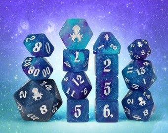 Quantum Heat Reactive 14pc Dice Set for TTRPGs inked in Silver