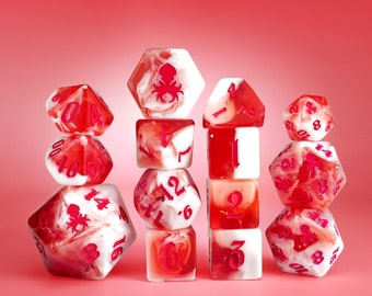 Cherry Cream Soda 14pc TTRPG Dice Set with Red Ink