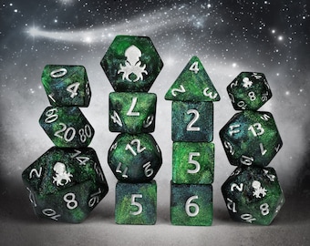 Emerald White Magick 14pc Dice Set inked in Silver