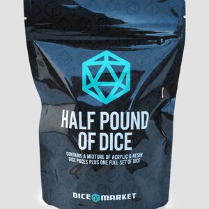 Kraken Dice has gone through over 600 Dice Market dice sets to bring you a REAL HALF POUND of Dice with full sets! Each bag has a mixture of Resin and Acrylic dice sets. Each bag contains a minimum of 8 complete Dice Market sets.