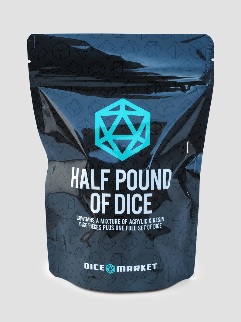 Kraken Dice has gone through over 600 Dice Market dice sets to bring you a REAL HALF POUND of Dice with full sets! Each bag has a mixture of Resin and Acrylic dice sets. Each bag contains a minimum of 8 complete Dice Market sets.