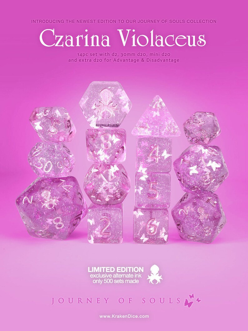 Czarina Violaceus 14pc Dice Set Inked in Metallic Pink image 2