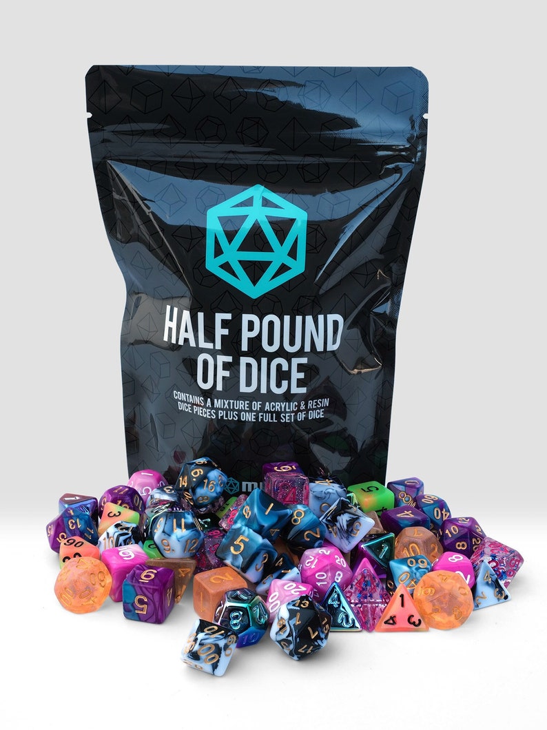 Kraken Dice has gone through over 600 Dice Market dice sets to bring you a REAL HALF POUND of Dice with full sets! Each bag has a mixture of Resin and Acrylic dice sets. Each bag contains a minimum of 8 complete Dice Market sets.