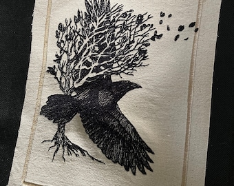 Raven and Tree Embroidered Patch – Autumn Goth Punk Sew-On Swatch