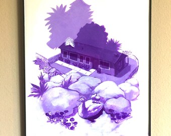 Purple and Lavender Gouache Painting "Reverse Commute"