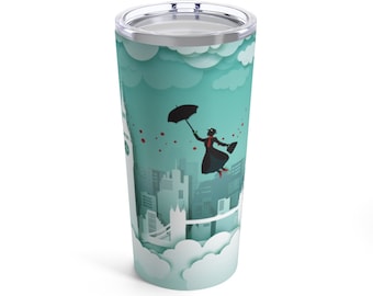 May include: A stainless steel tumbler with a teal background featuring a silhouette of a woman flying with an umbrella over a cityscape. The cityscape includes the London Eye, Big Ben, and Tower Bridge. The background is a paper-cut style with clouds.