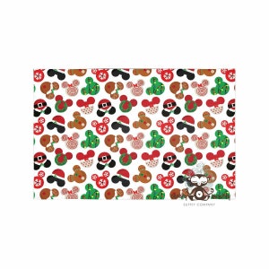May include: White background with a repeating pattern of gingerbread Mickey Mouse ears. The ears are decorated with Christmas themes such as Santa hats, wreaths, candy canes, and lights. The text "Sleepy Owl Supply Company" is at the bottom of the image.