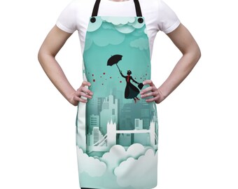 May include: A teal blue apron with a white silhouette of Mary Poppins flying over London with a red umbrella and red dots. The apron has a paper-like texture with clouds and the London skyline.