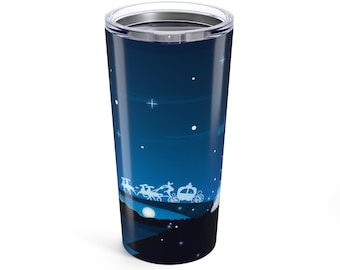 May include: A stainless steel tumbler with a blue and black design featuring a silhouette of Cinderella's carriage and horses against a starry night sky.