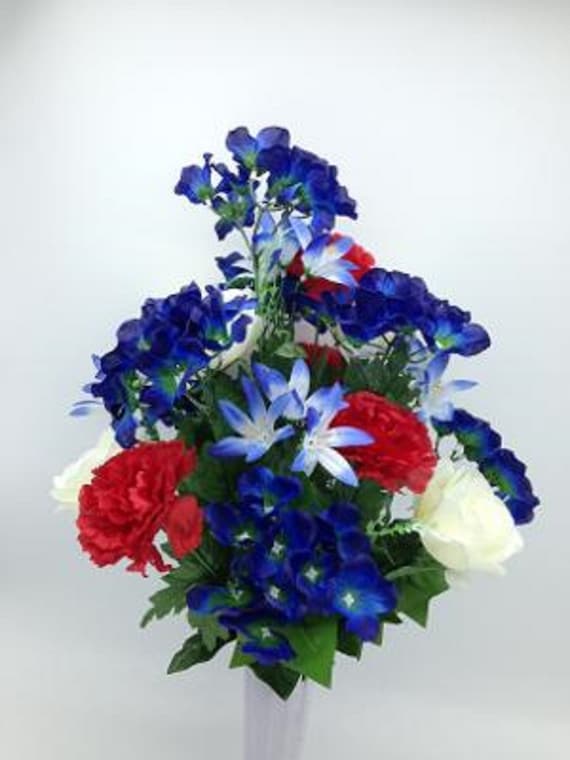 Artificial Flower Cemetery Vase Rose Carnation USA Red-White-Blue