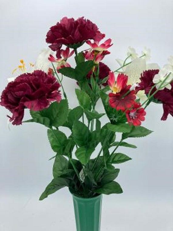 Cemetery Silk Flower Vase  Dark Red Carnation Lily Bouquet