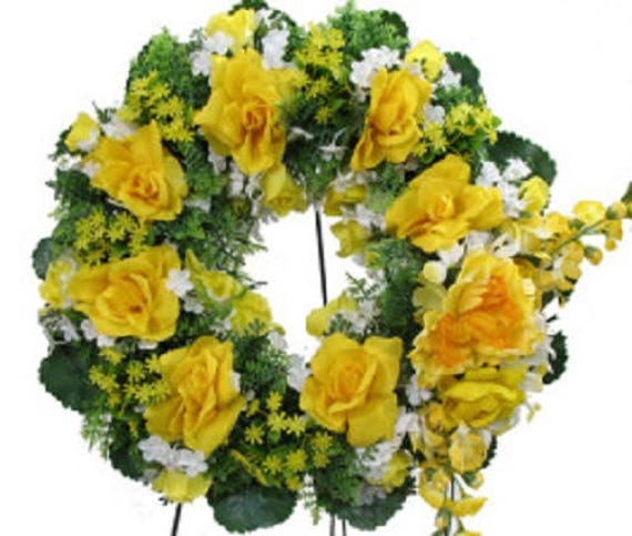 SILK WREATH in YELLOW Deluxe Large Easel Mount for grave-site presentation in remembrance of loved ones -