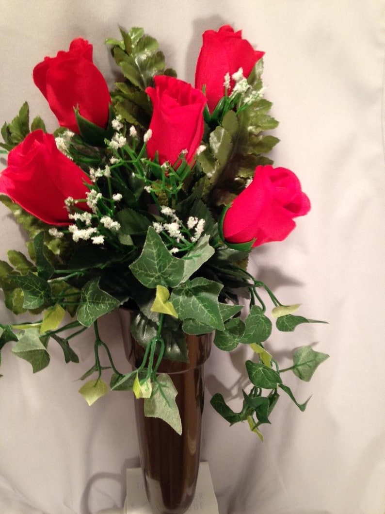 Crypt Mausoleum Vase & Red Rose Silk Flowers W/ Ring Bolt Etsy UK