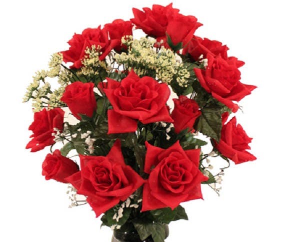 Cemetery Vase Red ROSES in Deluxe Open RED for Grave-site Presentation in Remembrance of Loved Ones -