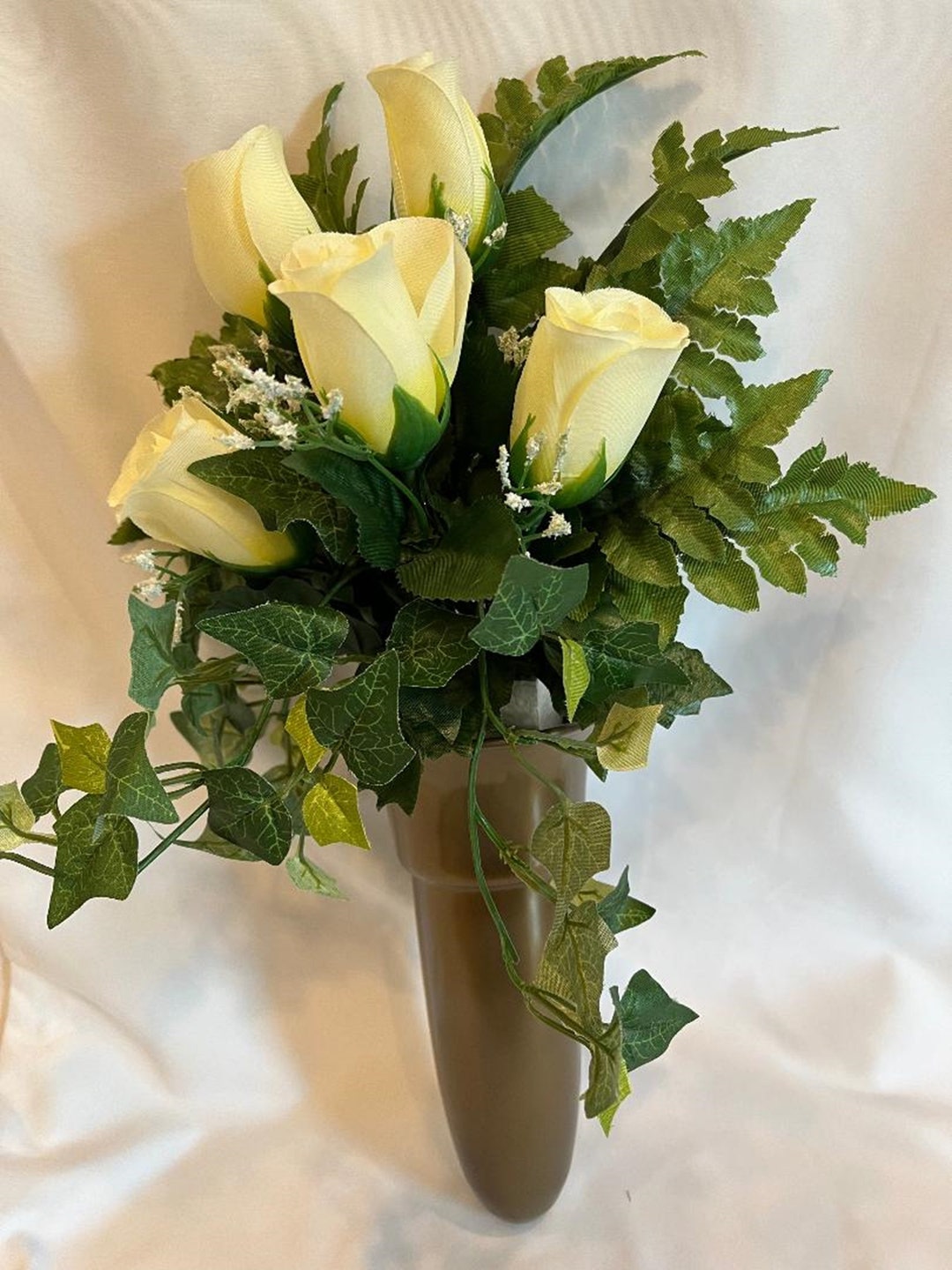 Silk Flower CRYPT / MAUSOLEUM Bouquet no Vase of WHITE Roses W/ Baby's