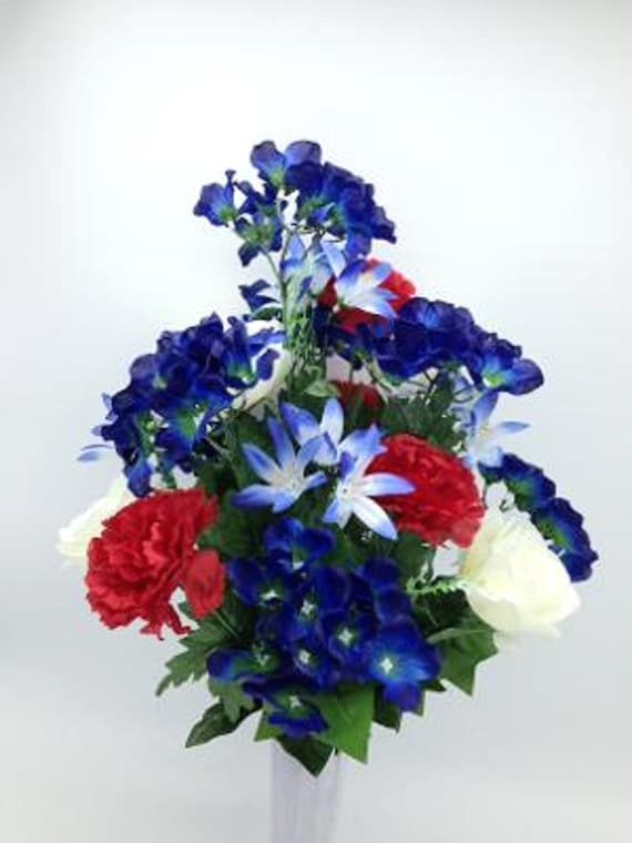 Artificial Flower Cemetery Vase Rose Carnation USA Red-White-Blue