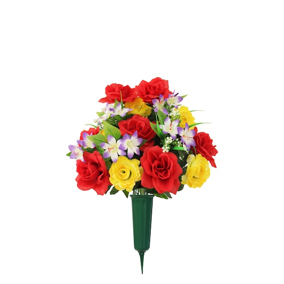 Cemetery Silk Red & Yellow Roses Supreme Arrangement with Vase