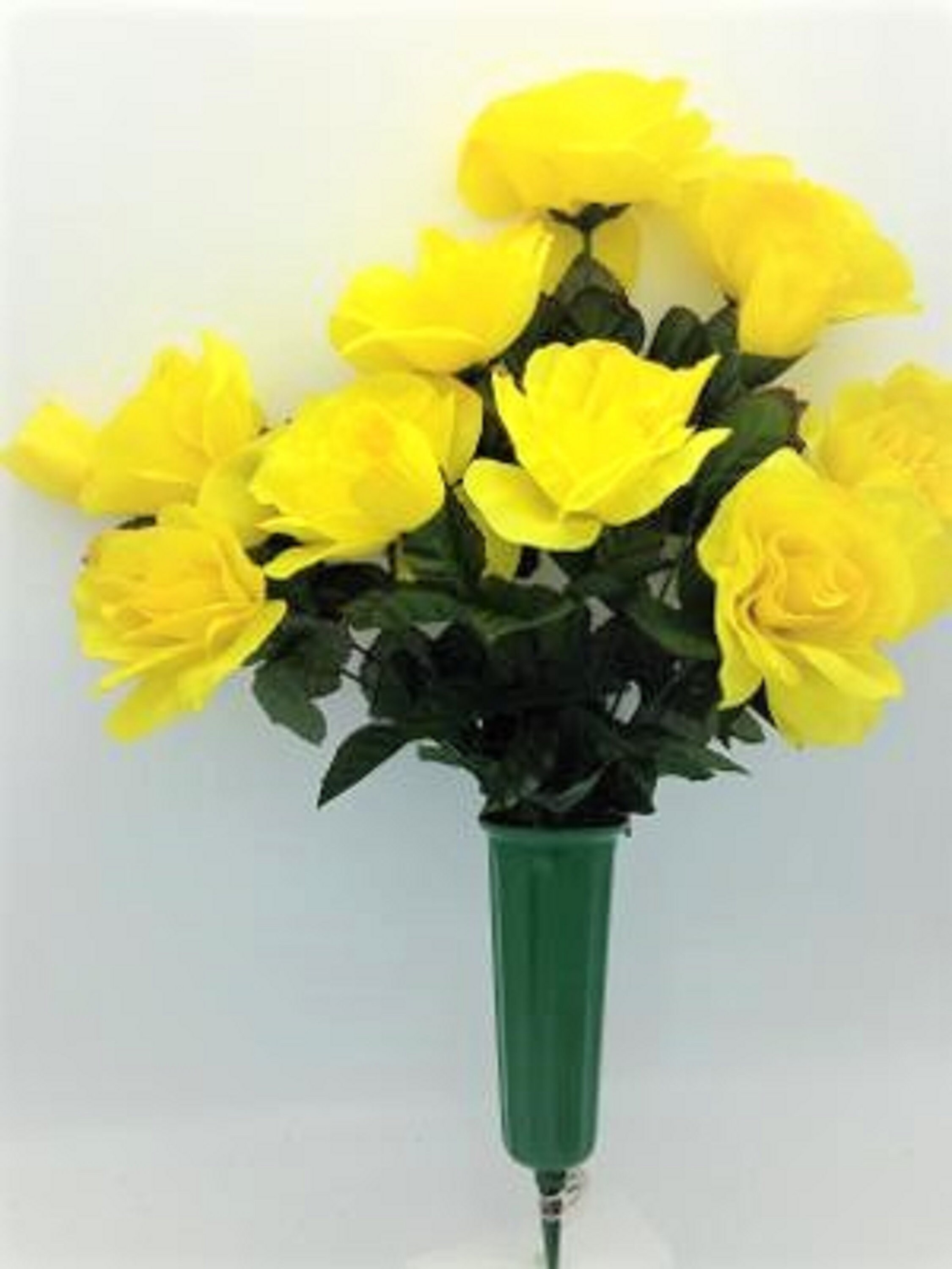 Cemetery Silk Flower Vase YELLOW Open Rose Bouquet Etsy