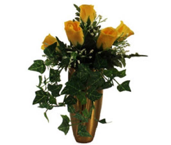 Artificial Flower CRYPT / MAUSOLEUM Bouquet (No Vase) of Yellow ROSE w/ Baby's Breath Ivy for Presentation in Remembrance of Loved Ones -