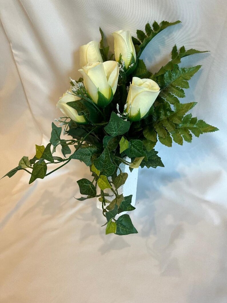 Silk Flower CRYPT / MAUSOLEUM Bouquet no Vase of WHITE Roses W/ Baby's