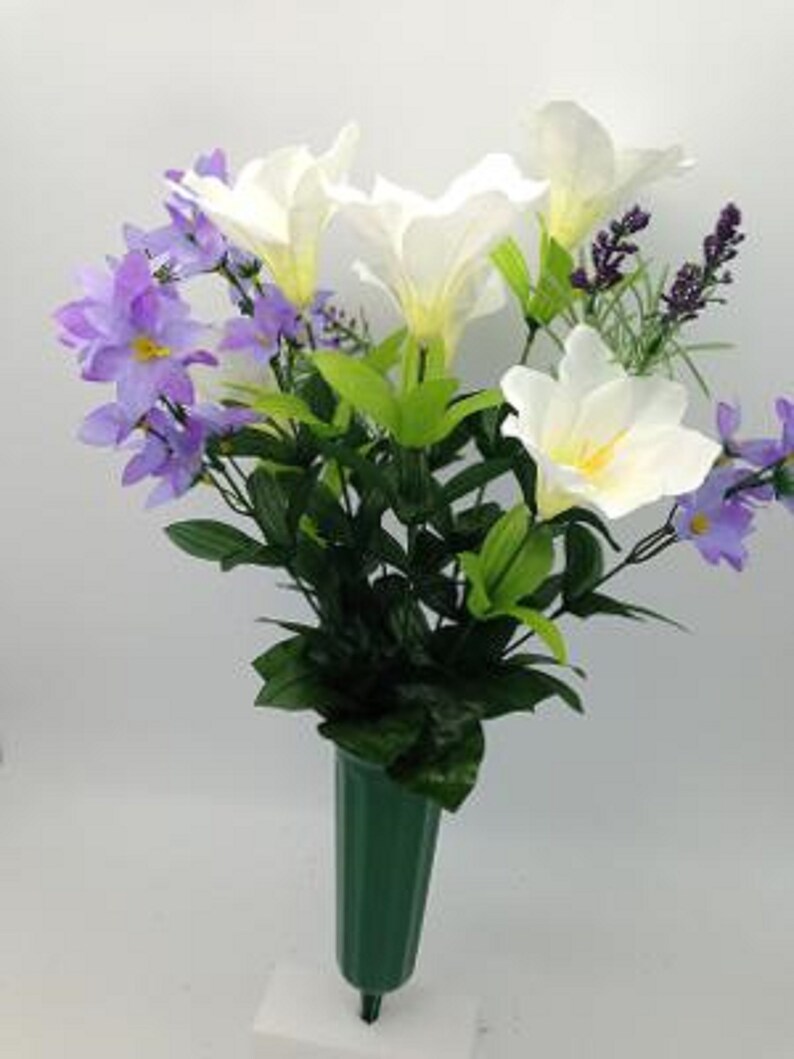 Silk Flower Cemetery Vase Lily With Purple Water Lily Accent Etsy UK