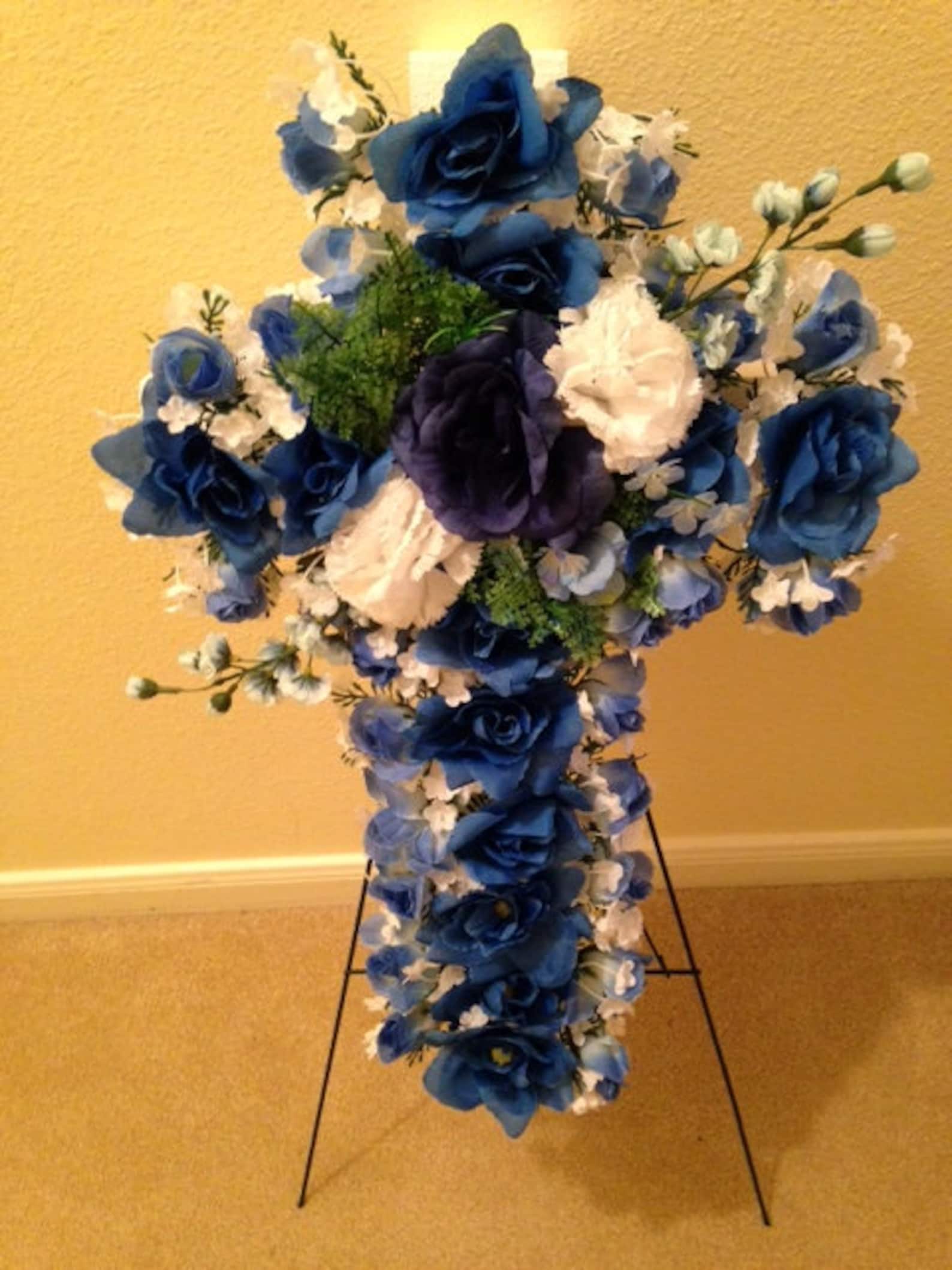Silk Flower CROSS in BLUE Easel Mount for Gravesite Etsy