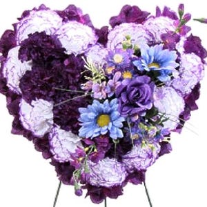 Artificial FLOWER HEART in Deluxe Purple Easel Mount for grave-site presentation in remembrance of loved ones -