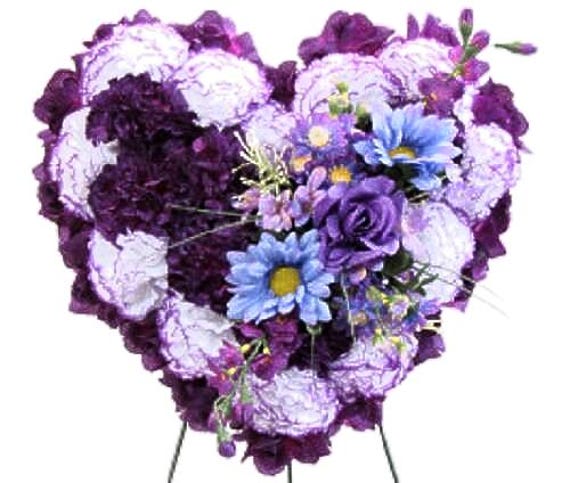 Artificial FLOWER HEART in Deluxe Purple Easel Mount for grave-site presentation in remembrance of loved ones -