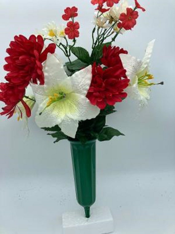 Bouquet of artificial RED Mum WHITE Lilly Bouquet Vase for Grave-site Presentation in Remembrance of Loved Ones Or Home Garden Use -