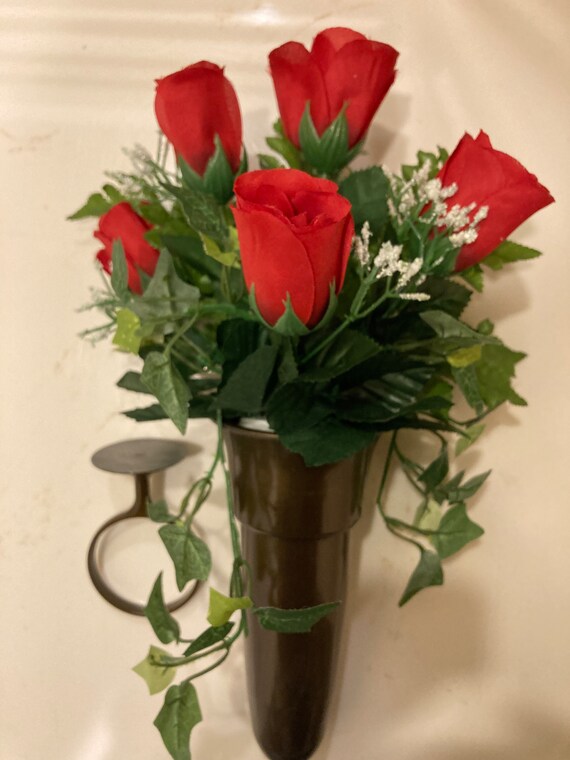 Crypt Mausoleum Vase & Silk Flowers w/ Disc Base Ring for Epoxy