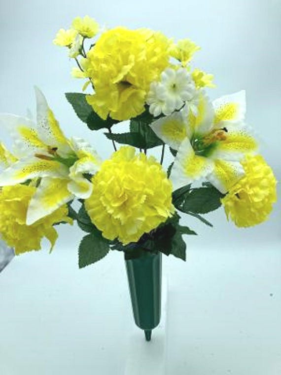 DIY Cemetery Silk Flower Bouquet YELLOW Carnations WHITE Lilies  for Grave-site Present in Remembrance of Loved Ones Or Home Garden -