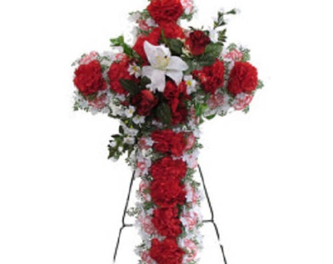 SILK FLOWER CROSS in Red Deluxe Easel Mount for Gravesite Etsy