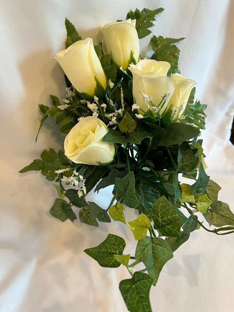 Silk Flower CRYPT / MAUSOLEUM Bouquet no Vase of WHITE Roses W/ Baby's