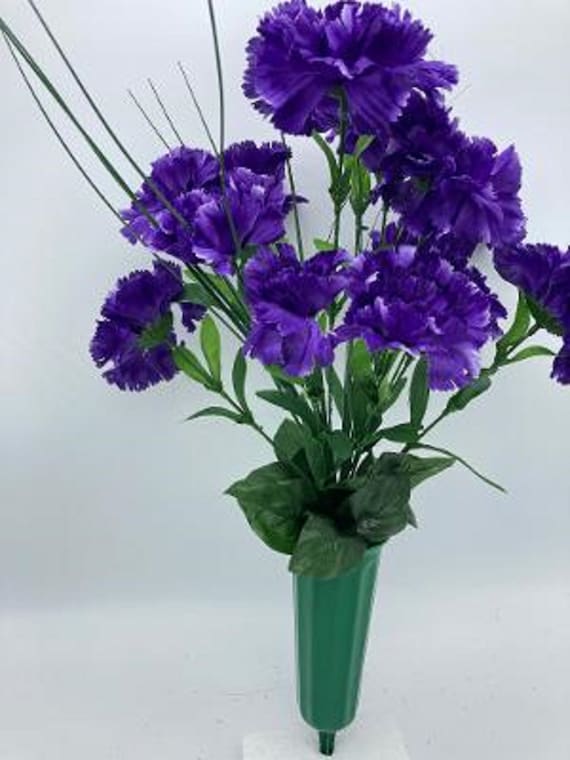 Cemetery Silk Flower Vase  Dark Purple Carnation Bouquet Vase