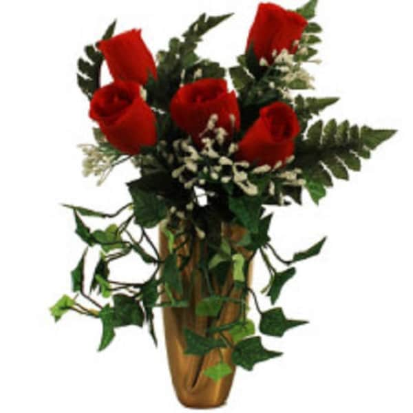 CRYPT / MAUSOLEUM Bouquet (No Vase) Red ROSE w/ Baby's Breath Ivy Presentation in Remembrance