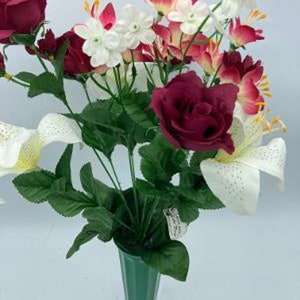Cemetery Silk Flower Vase  Dark Red Roses and Lilies Bouquet