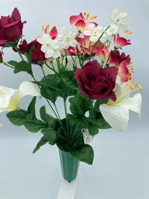 Cemetery Silk Flower Vase  Dark Red Roses and Lilies Bouquet