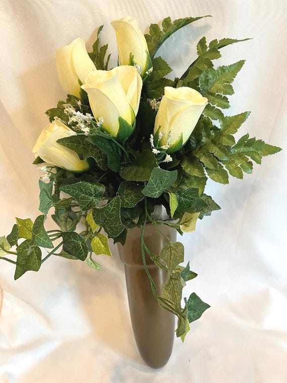 Silk Flower CRYPT / MAUSOLEUM Bouquet (No Vase) of WHITE Roses w/ Baby's Breath Ivy for Presentation in Remembrance of Loved Ones -
