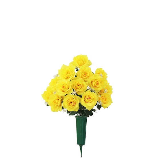 Cemetery VASE of Silk ROSES in Deluxe Yellow for Grave-site Presentation in Remembrance of Loved Ones -