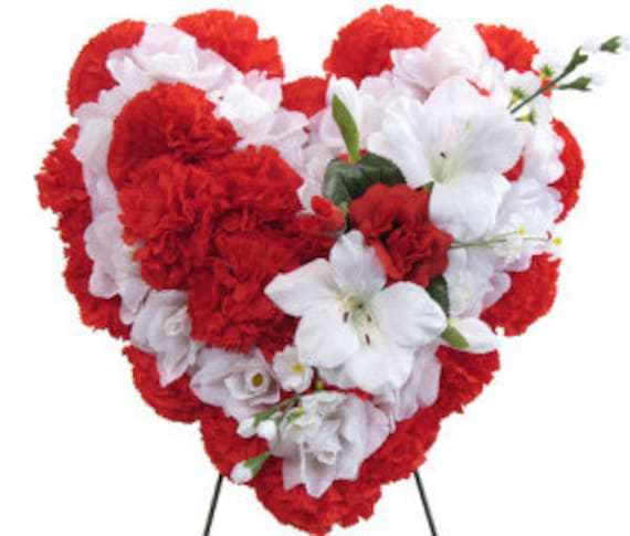 SILK FLOWER HEART Easel Mount in Deluxe Red for grave-site presentation in remembrance of loved ones -