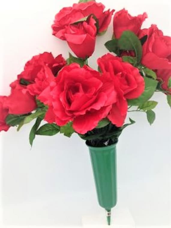 Cemetery Silk Flower Vase RED Open Rose Bouquet