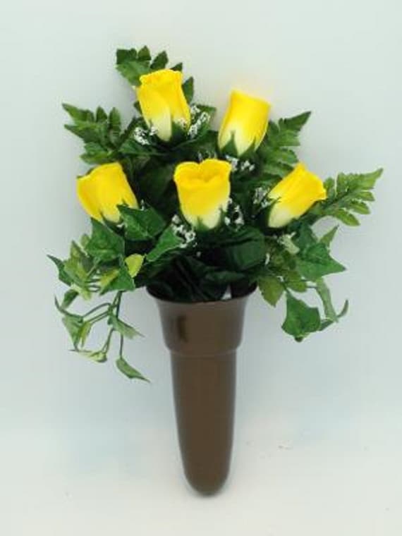 Crypt Mausoleum Vase & Yellow Rose Silk Flowers w/ Button Bolt Support for Inverted "V"