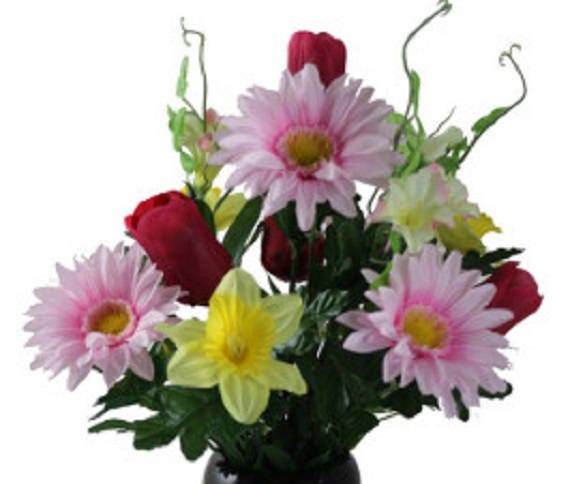 Cemetery Vase of DAFFODIL Red TULIP DAISY for Grave-site Presentation in Remembrance of Loved Ones -