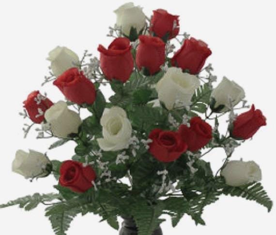 Cemetery vase of ROSES Galore Red and White Silk DELUXE for Grave-site Presentation in Remembrance of Loved Ones -