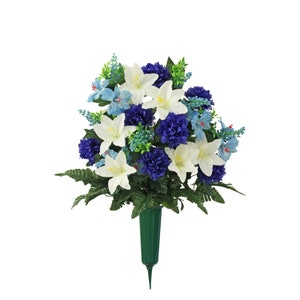 Cemetery Vase of Silk Blue Mum Lilly for Grave-site Presentation of Loved Ones -