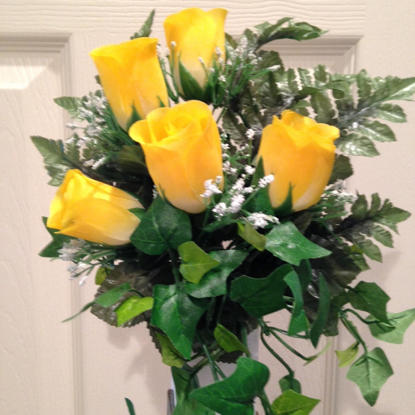 Artificial Flower CRYPT / MAUSOLEUM Bouquet no Vase of Yellow ROSE W