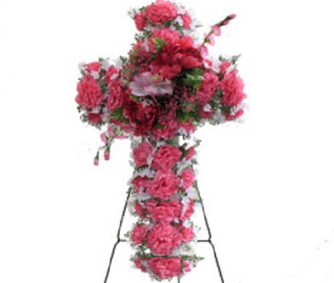 Silk Flower CROSS Large Deluxe PINK Easel Mount for Gravesite