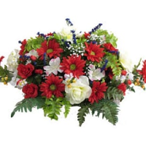 Artificial FLOWER SADDLE for Headstone Mount in Deluxe Red and White for Grave-site Presentation in Remembrance of Loved Ones -