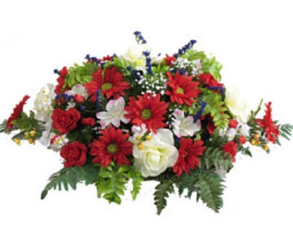 Artificial FLOWER SADDLE for Headstone Mount in Deluxe Red and White for Grave-site Presentation in Remembrance of Loved Ones -